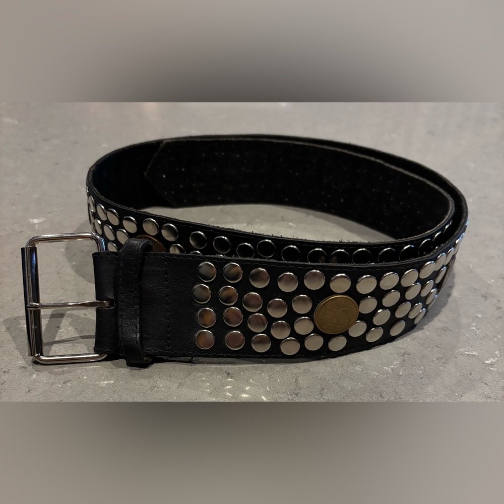 Y2k Black Coin Studded genuine leather belt with chrome buckle; Size M